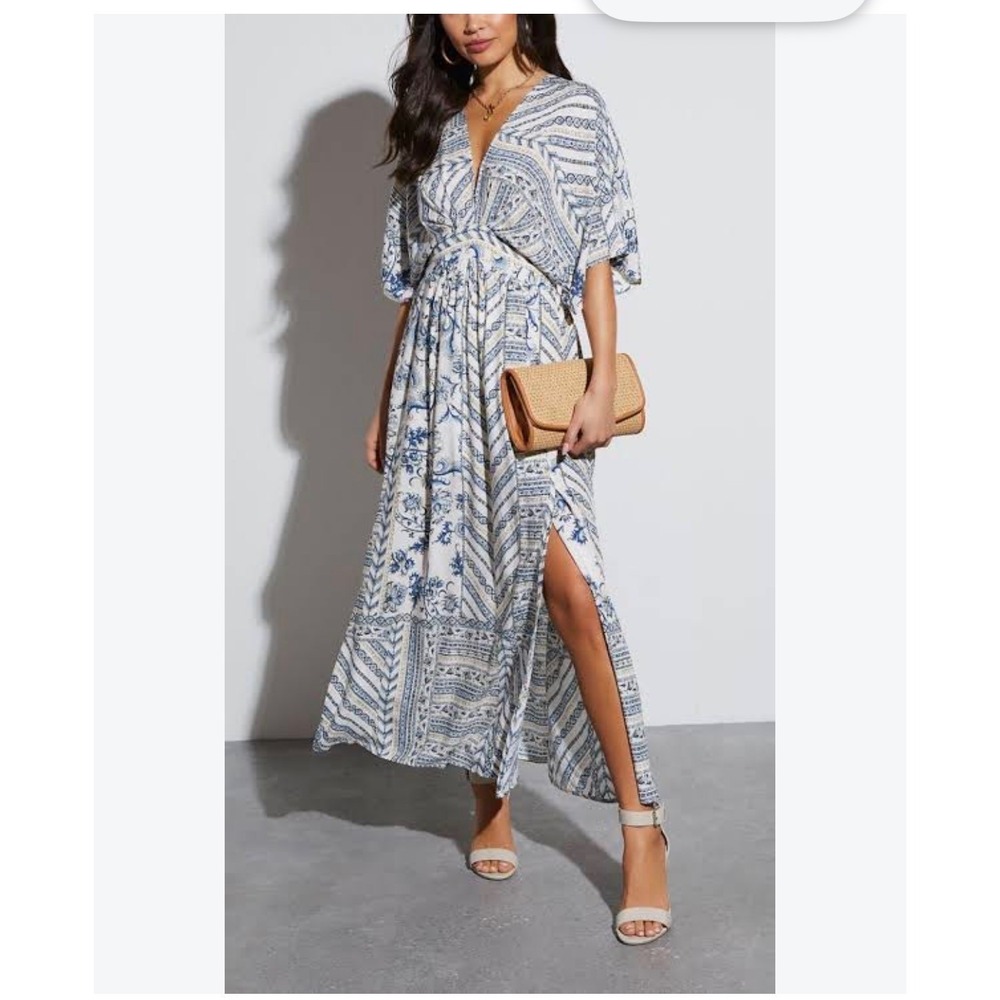 Dress Forum Boho Maxi Dress L Blue Ivory Floral Paisley Smocked Cottagecore